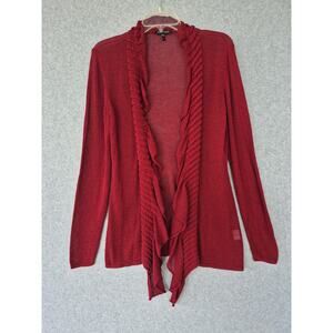 Eileen Fisher Womens Open Front Cardigan Sweater Sz M Red Ruffle Trim Lightweigh